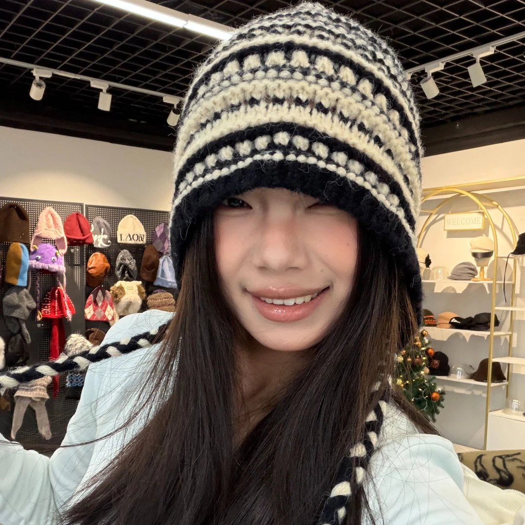 彩编拼接秋冬羊毛手工帽百搭时尚氛围感针织帽子显脸小
