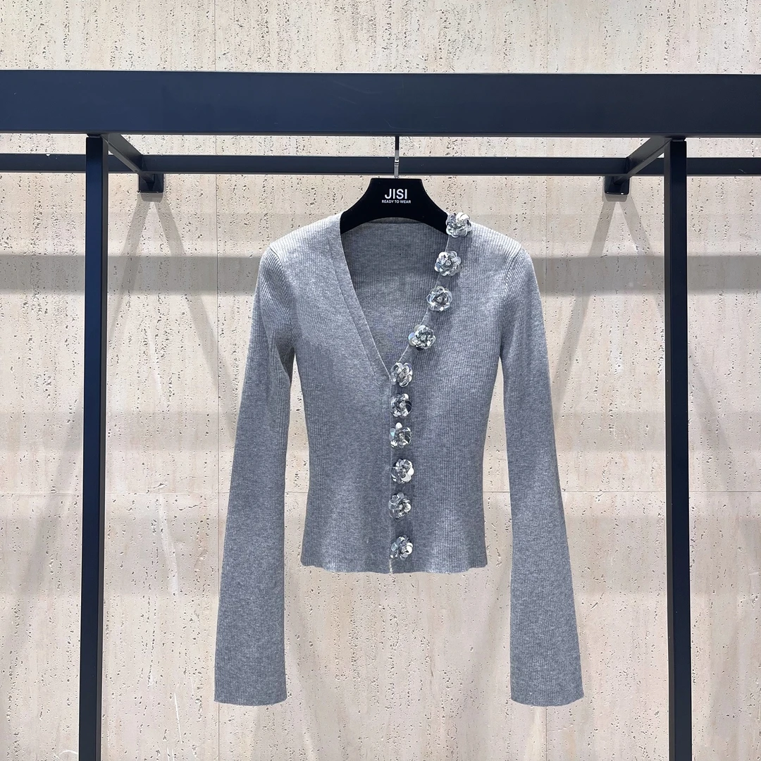 JISI 手工立体花瓣Ｖ领针织开衫外套