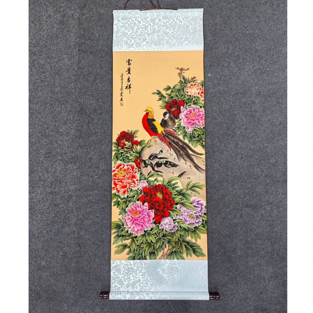 038卷轴140*52古锦鸡牡丹