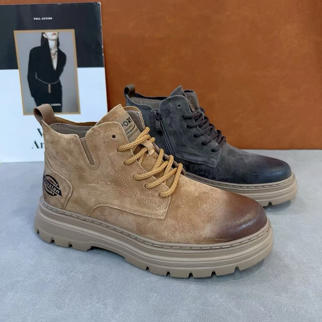 保罗-保暖圆头秋冬百搭中帮磨砂皮休闲风时尚厚底男士高帮马丁靴