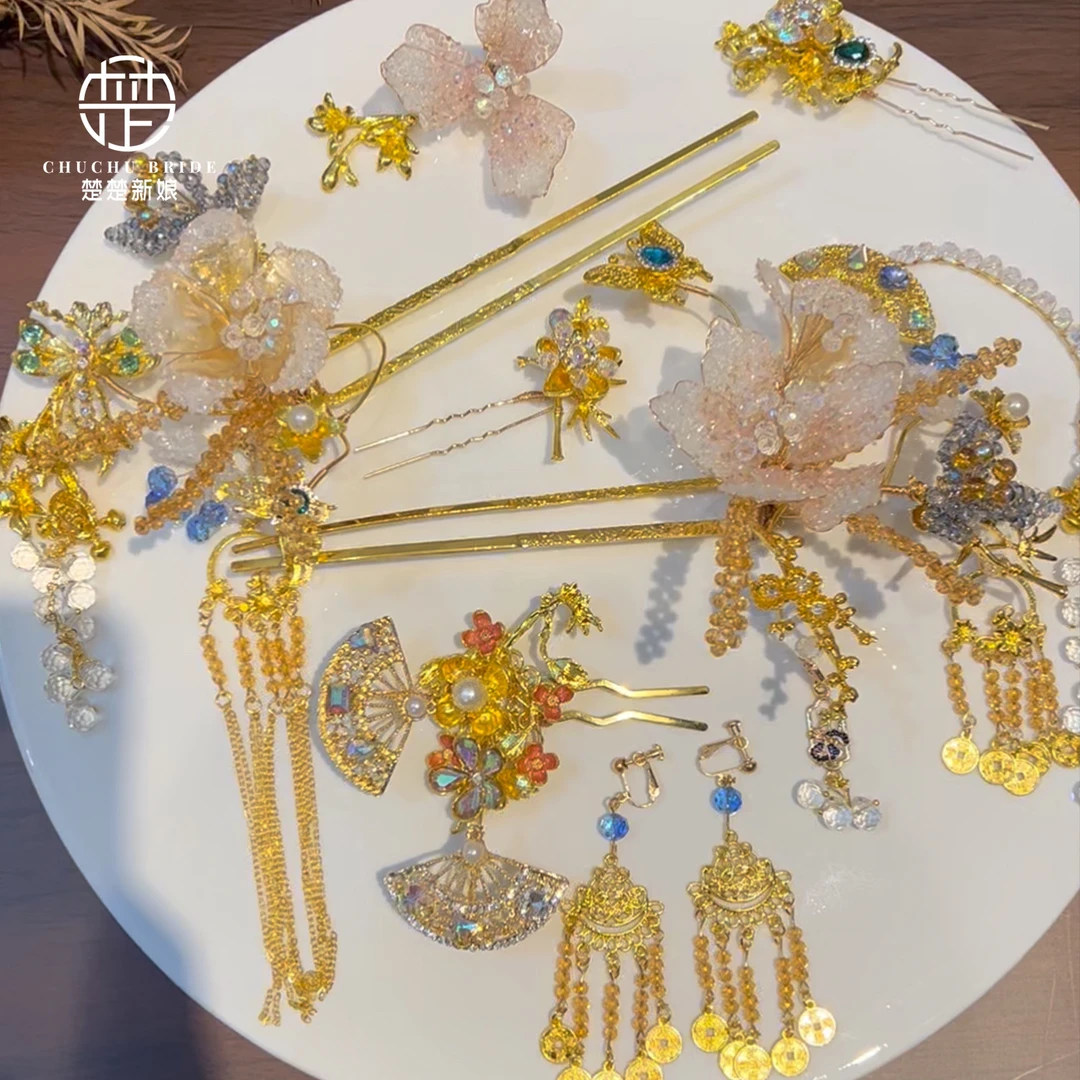 2025新款浅色水晶流苏发簪减龄古风汉服秀禾服晨袍配饰品结婚头饰