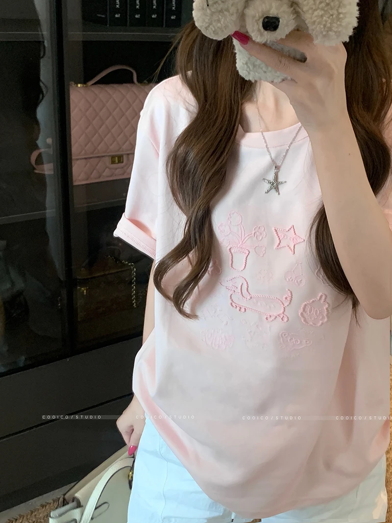 短袖t恤夏2025新款宽松卡通刺绣花圆领韩版上衣