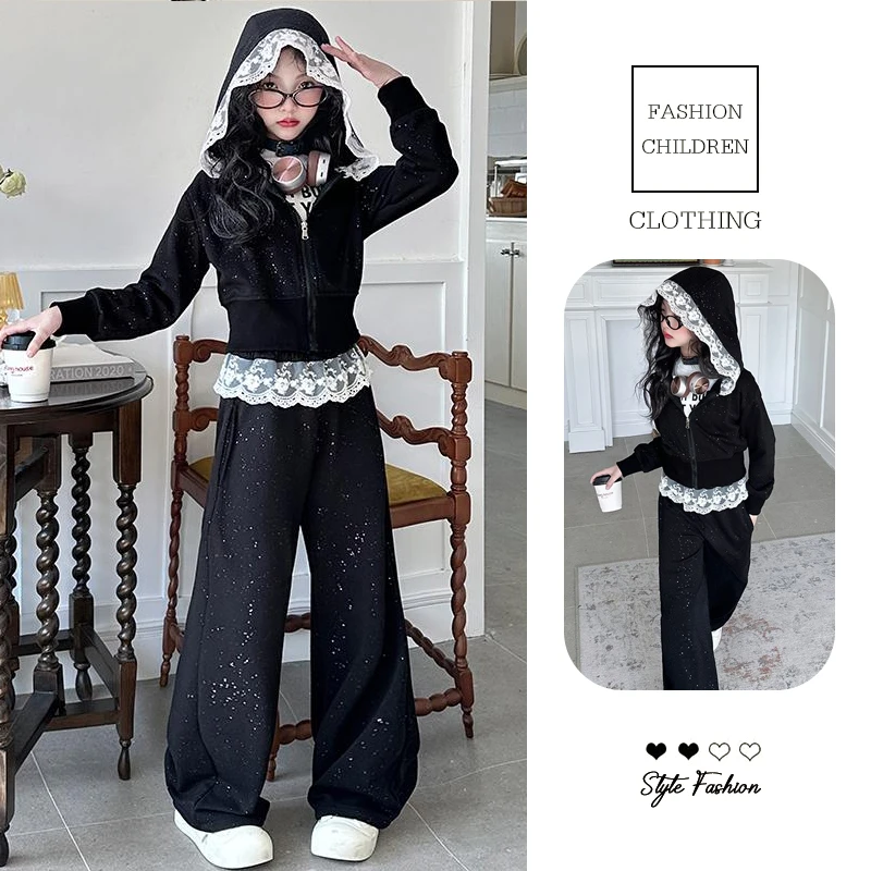 女童春秋新款韩版高级感穿搭套装儿童衣服蕾丝小童秋装两件套潮