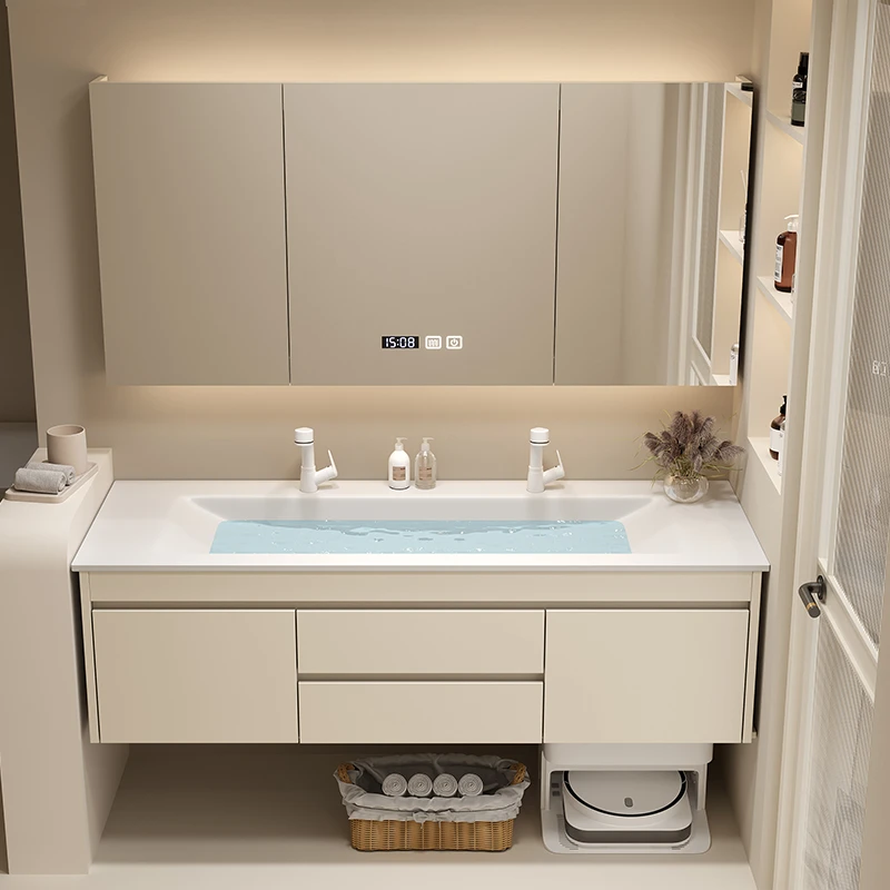 奶油风陶瓷一体盆大单盆双龙头浴室柜组合洗手池洗脸盆洗漱台套装