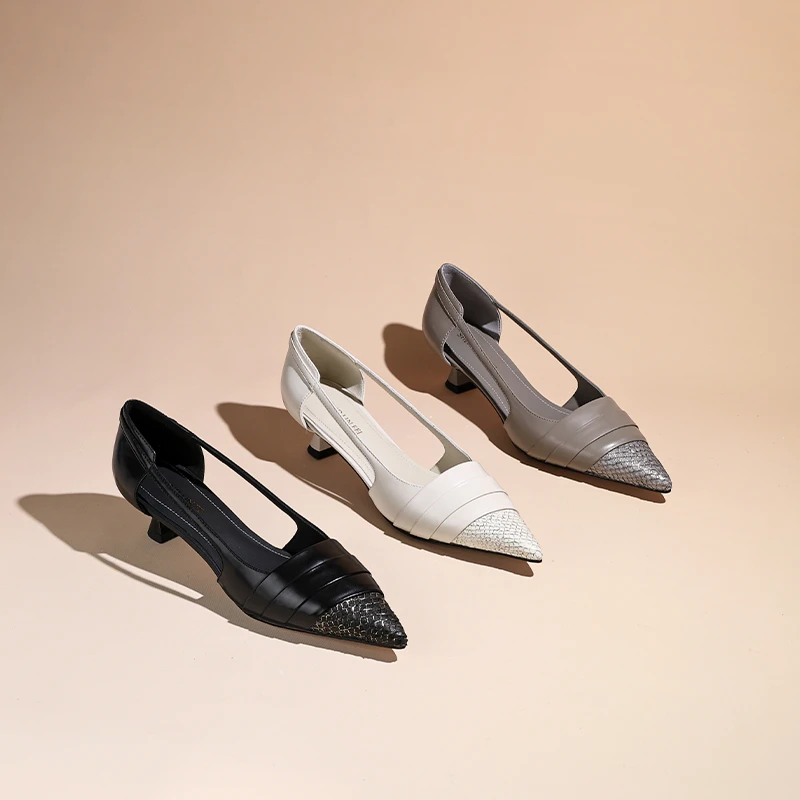 圣琳妃/羊皮鱼皮/4cm镂空高跟鞋尖头包头单鞋女中跟单鞋D20222