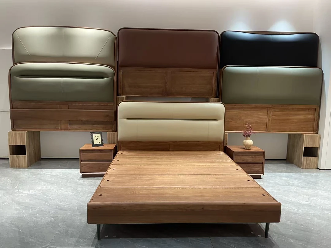 意式极简风桃花芯木全实木床榫卯真皮软靠包1.8双人床