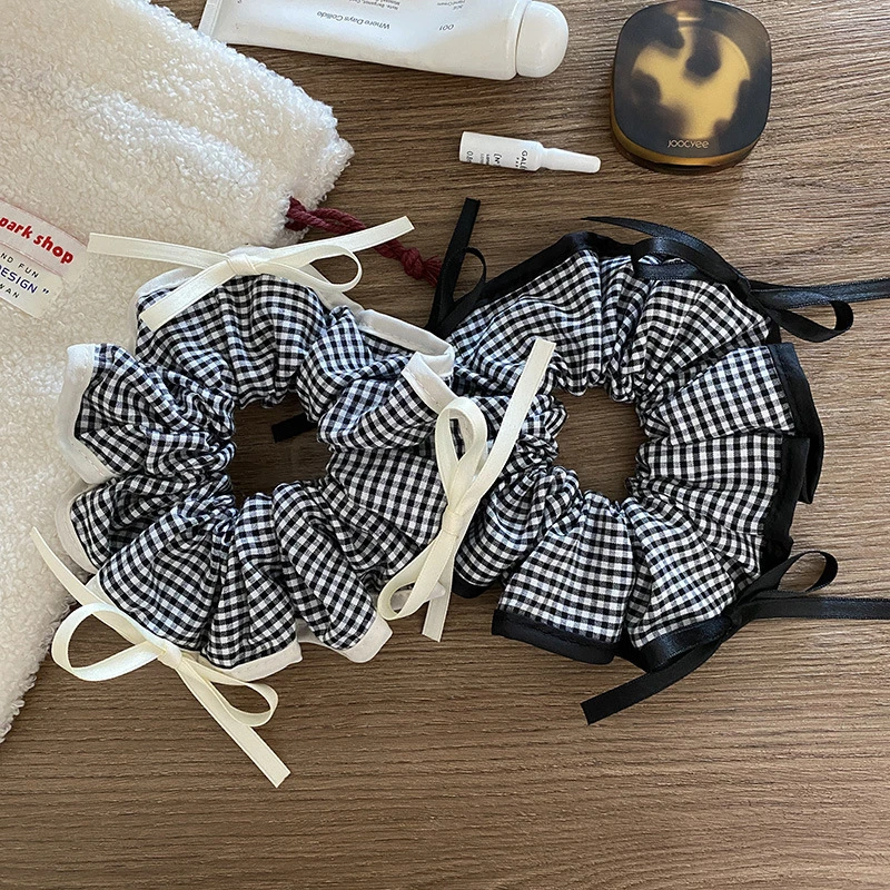 ins韩系甜美复古黑白格子丝带蝴蝶结大肠发圈头绳千鸟格气质发绳
