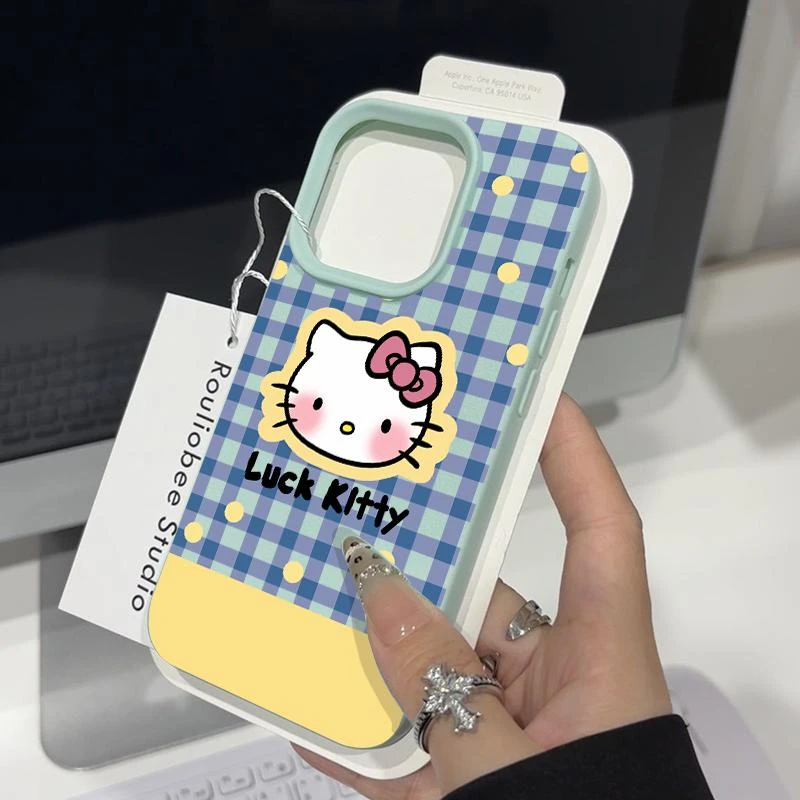 黄边格子KT猫荔枝纹适用苹果15/16pro苹果14高级13新款12手机壳