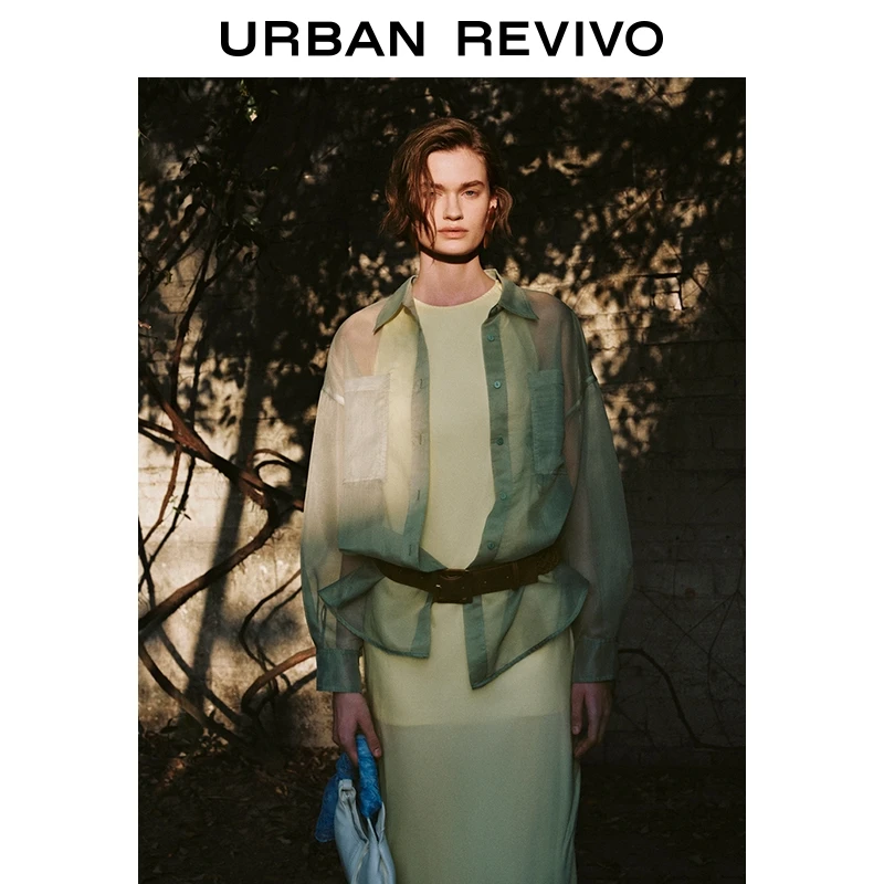 UR2025春季新品女装欧若风摩登通勤双口袋饰开襟衬衫UWG250031
