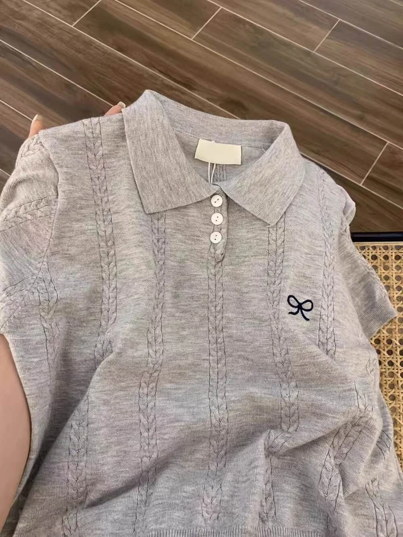 夏季蝴蝶结翻领薄款短袖毛针织衫polo毛衣白色拼接