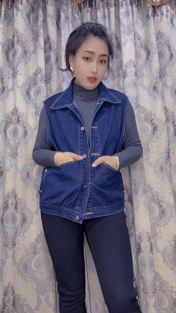 口袋常规纽扣薄款牛仔欧美风马夹蓝色短款百搭服装