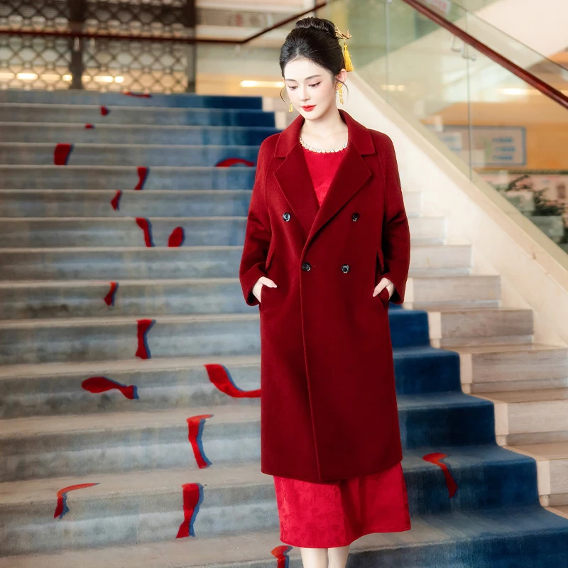 红色毛呢外套2025新款气质高端款新娘订婚结婚羊毛大衣小个子百搭