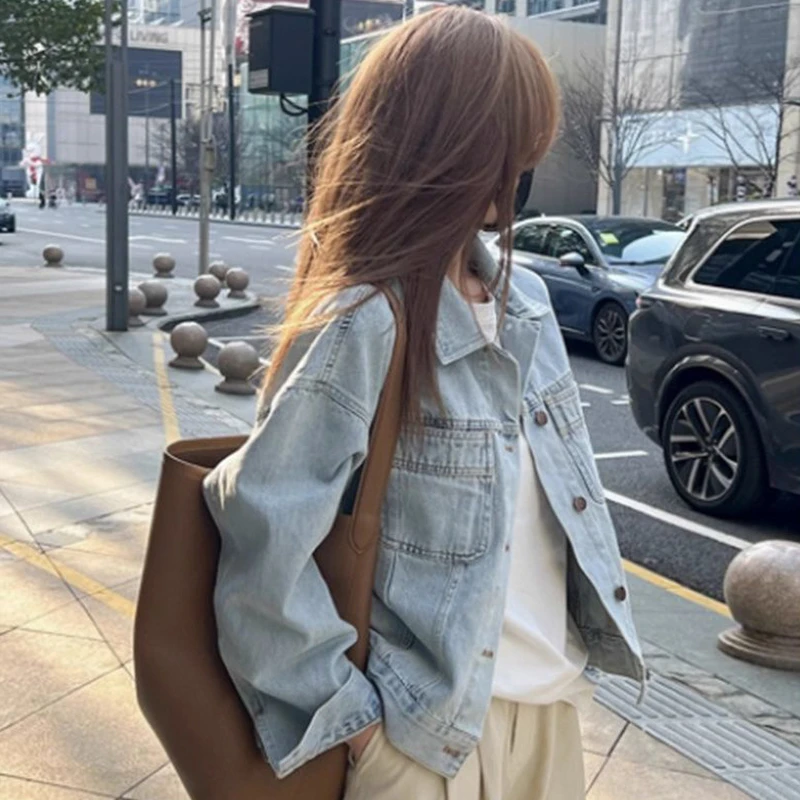复古浅蓝色牛仔外套女2025新款春秋韩系宽松夹克水洗短款百搭上衣