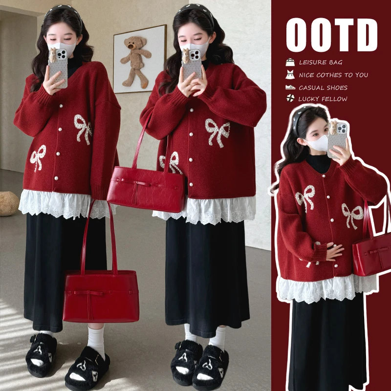 【颜十七】2025秋冬孕妇宽松显瘦半高领连衣裙+加厚毛衣外套 套装