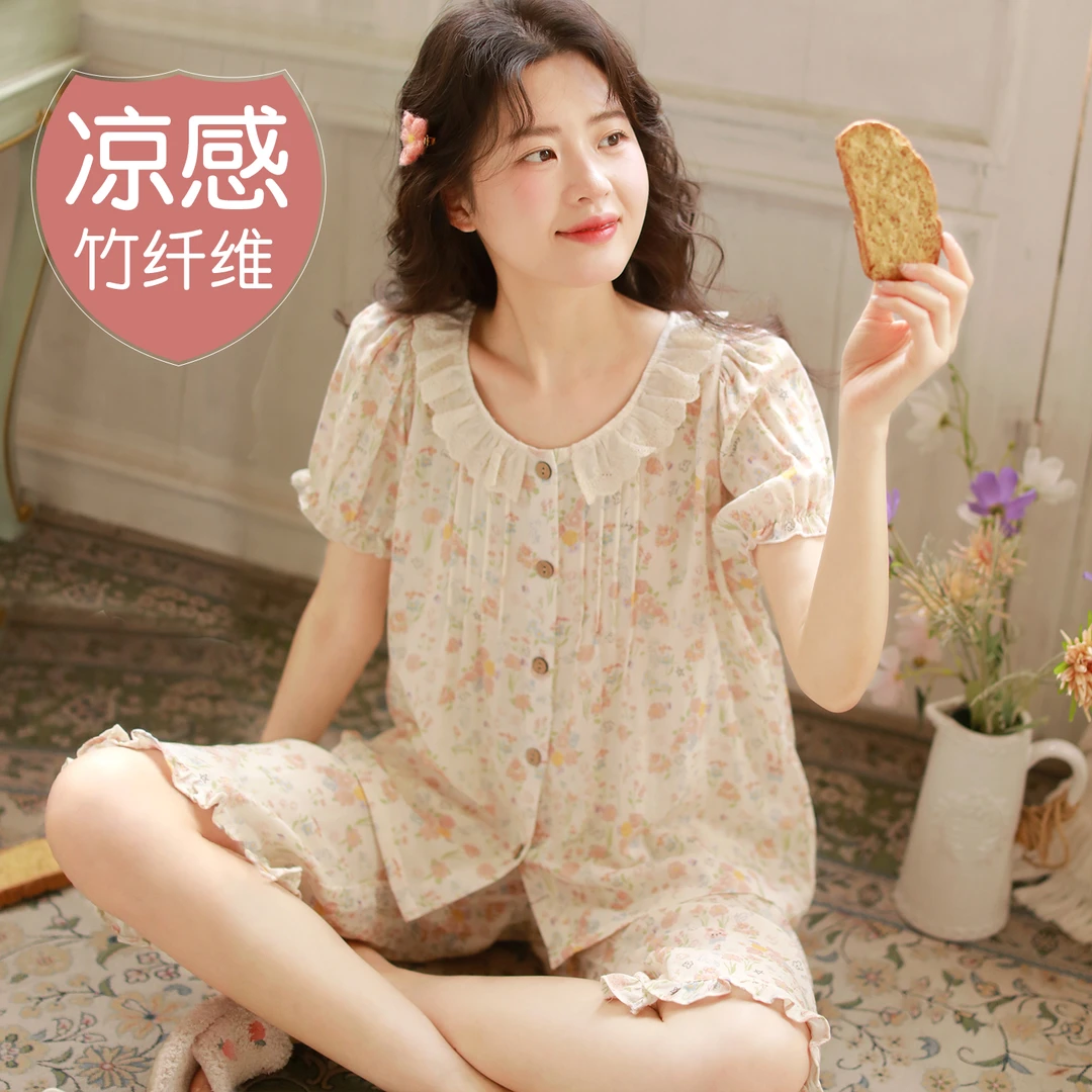 『玫瑰小兔』富朵竹纤维睡衣短袖清凉套装甜美小碎花女士夏季家居服