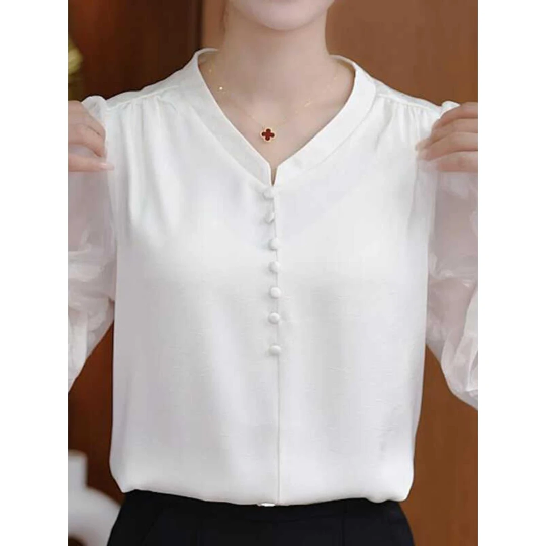 v领2025新款轻奢衬衫风高端妈妈黑色七分袖百搭设计感宽松上衣女