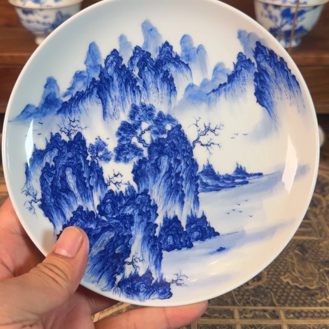 景德镇全手工手绘青花山水壶承