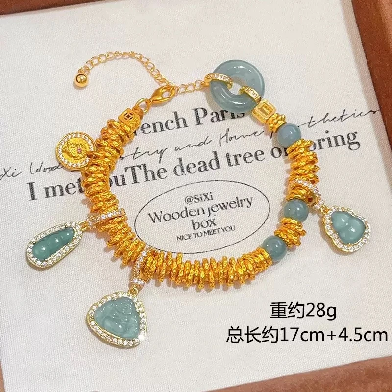 天然A货蓝水翡翠新中式设计镶嵌佛公平安扣盘缠手链亮金工艺