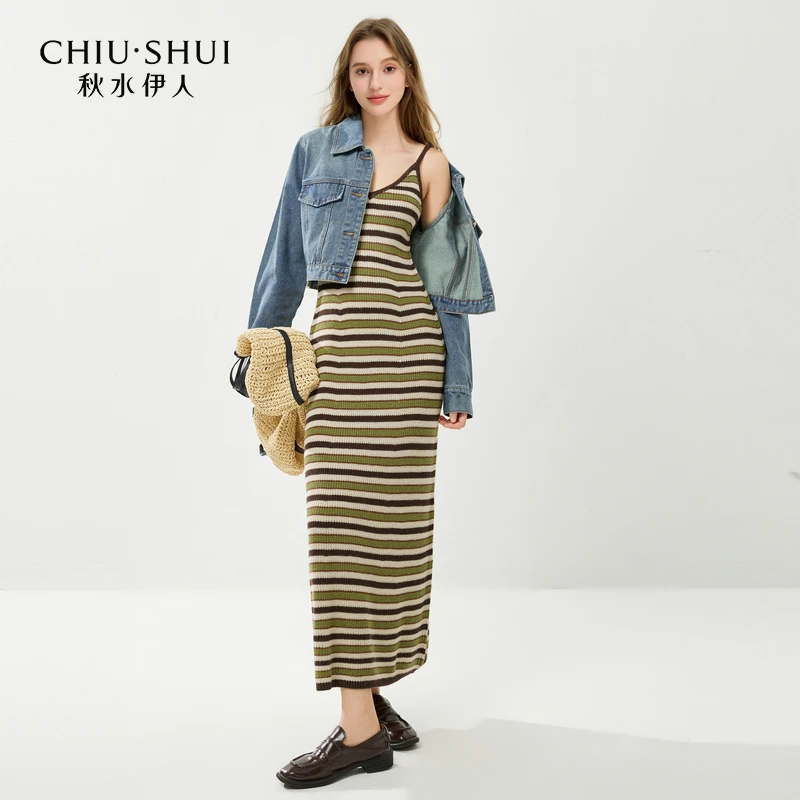 【品牌折扣】秋水伊人条纹连衣裙春季显瘦针织裙625112D020037