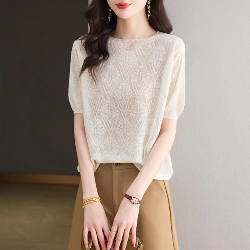 2025夏季新款短袖t恤女士圆领镂空钩花针织小衫薄款微透半袖上衣