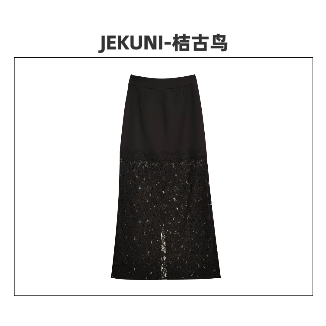 JEKUNI/桔古鸟【花禧】黑色百搭玫瑰高腰显高显瘦气质半身裙时尚