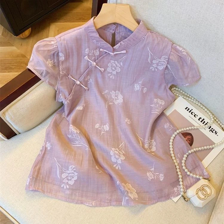 紫色新中式盘扣印花短袖衬衫女夏款国风旗袍领爆款遮肉国风雪纺衫
