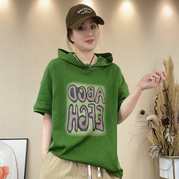 9797#休闲百搭夏季时尚显瘦宽松印花连帽T恤