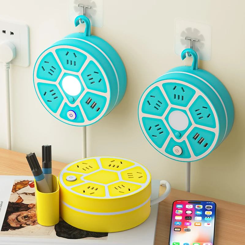 可伸缩收纳带夜灯家用接线板USB多孔插排学生宿舍多功能插座长线