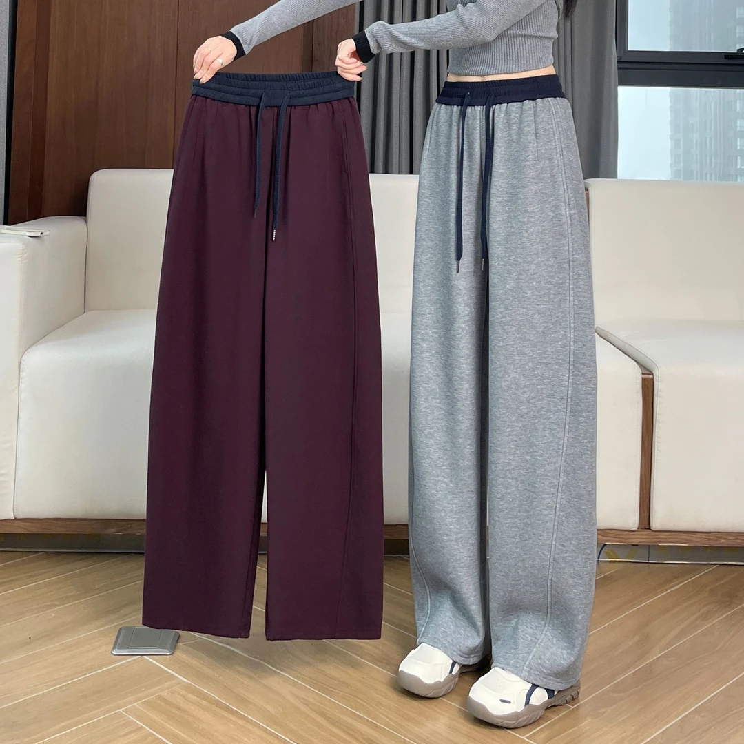 灰色运动裤女2025秋冬季新款加绒加厚直筒裤子休闲弯刀阔腿裤卫裤