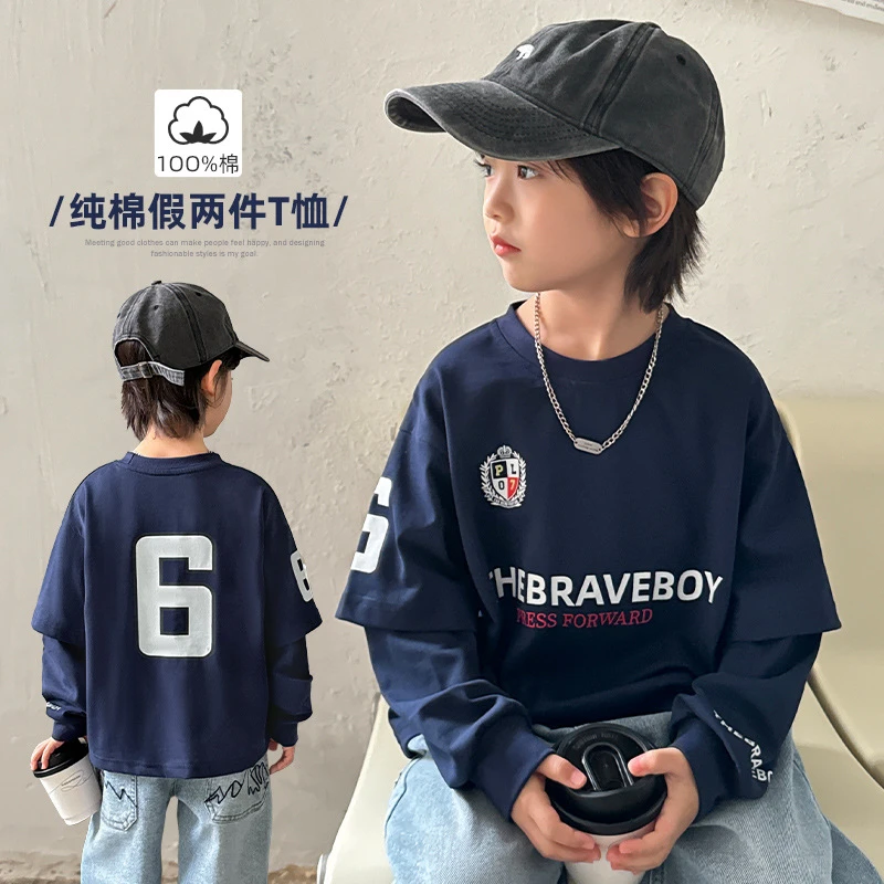 纯棉2025春秋新款男童纯棉假两件长袖T恤秋装衣服中大童运动服