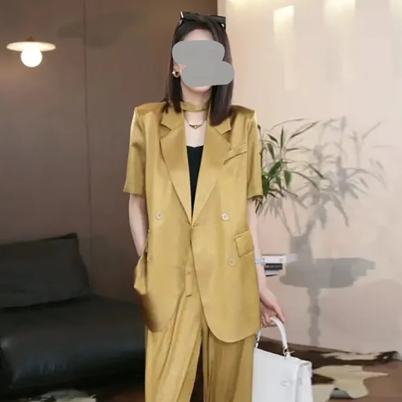 高级感洋气西装套装女短袖外套2025夏季新女士夏季垂感阔腿两件套