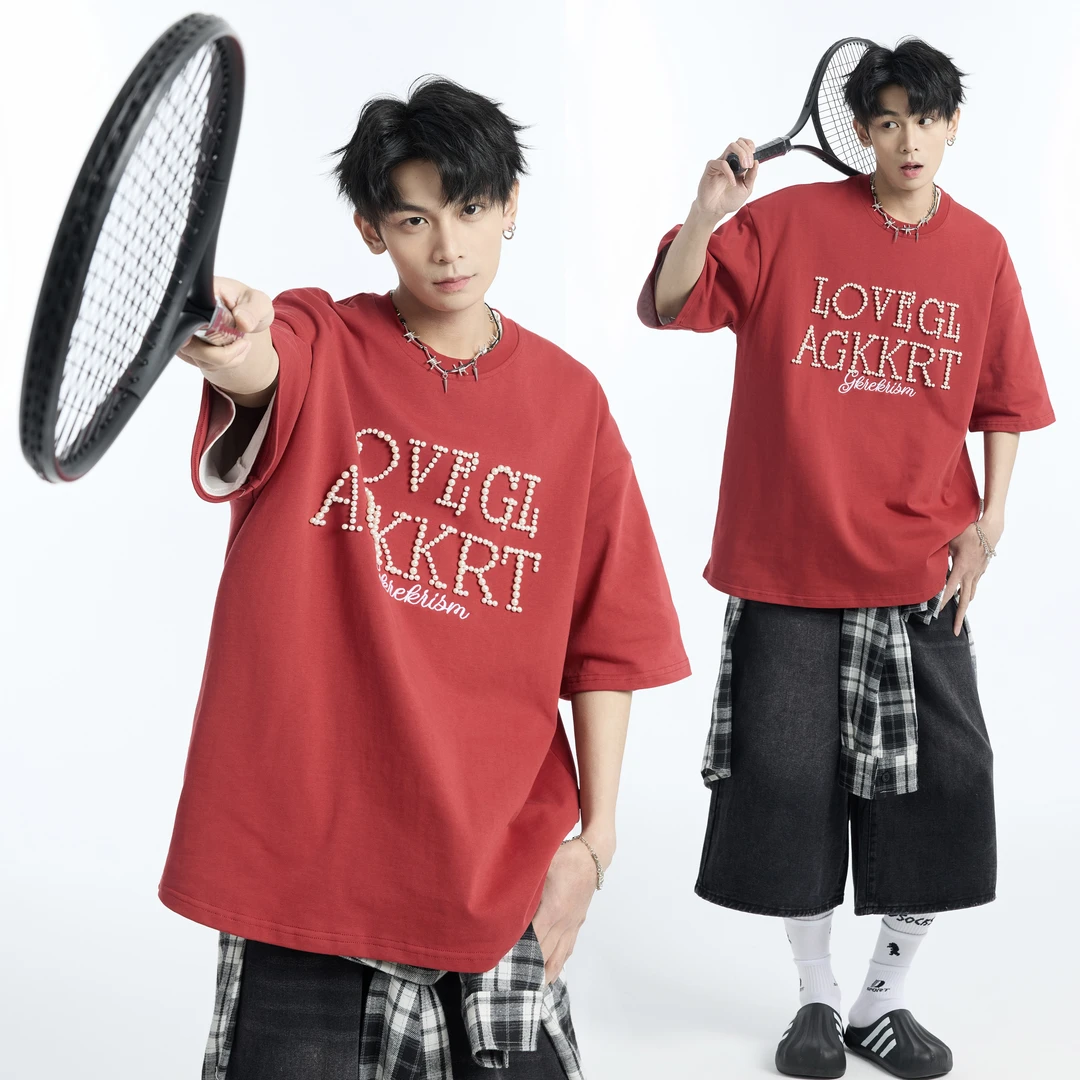 GL立体珍珠字母320g重磅短袖男生T恤夏季高级感设计师半袖上衣