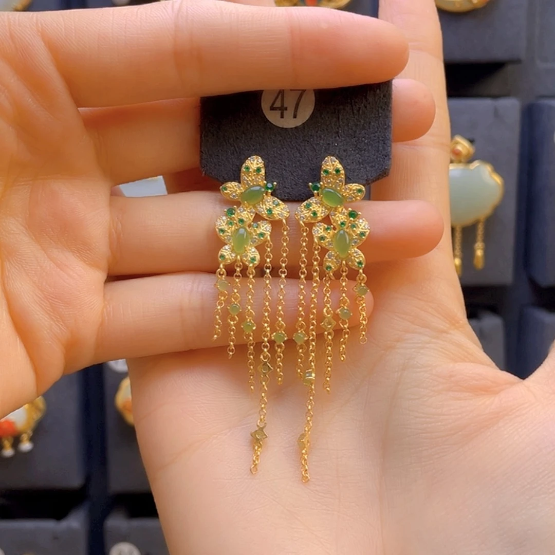 和田玉耳饰银S925镀金镶嵌