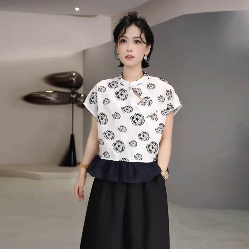设计感印花立领新中式短袖衬衫女士夏季拼接短款衬衣休闲百搭上衣