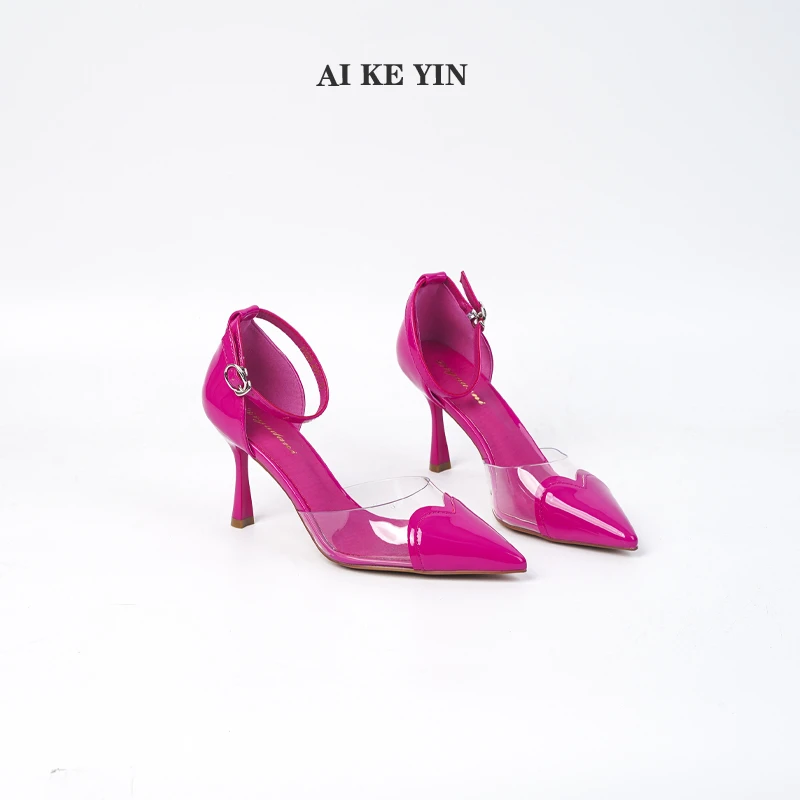【艾珂茵】春夏季新款尖头拼接面气质百搭中空一字带细跟高跟鞋