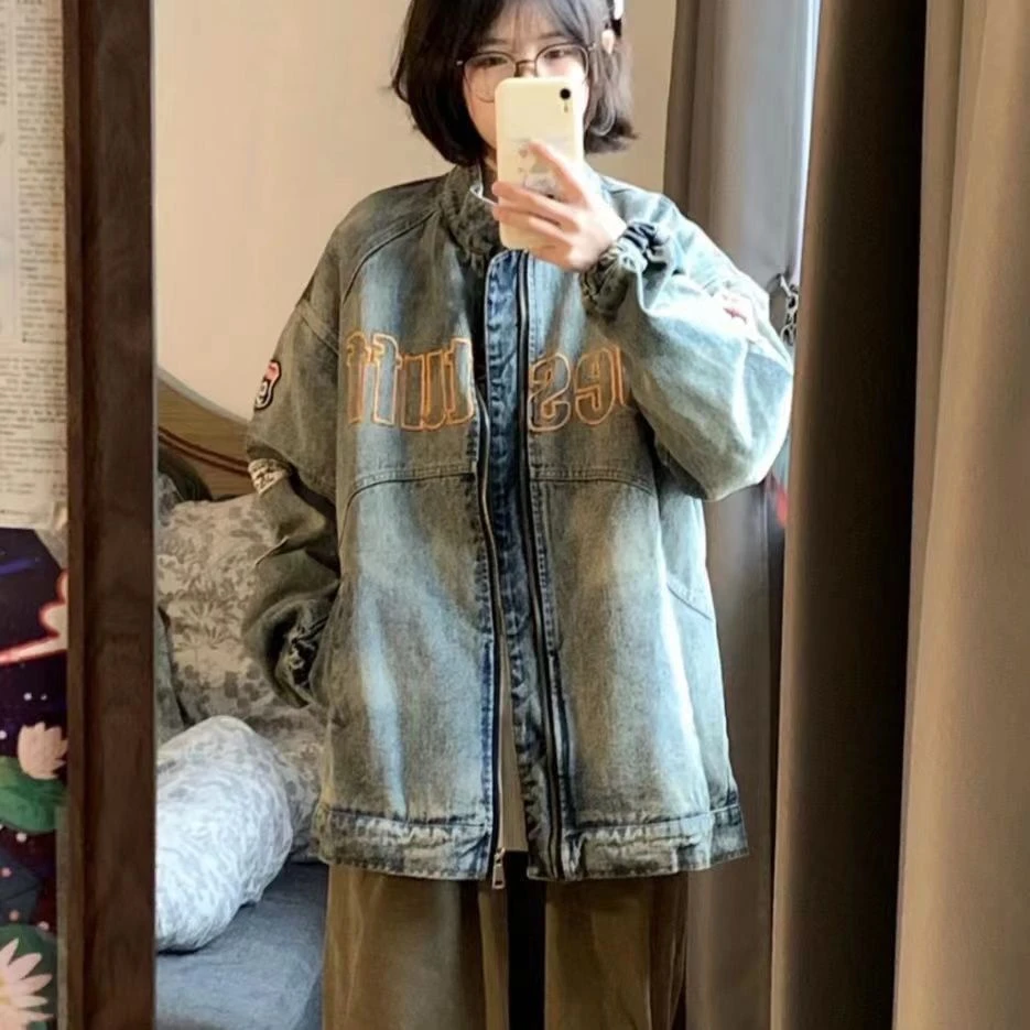 2025设计感美式复古机车风拉链夹克街头刺绣牛仔外套宽松春季新款