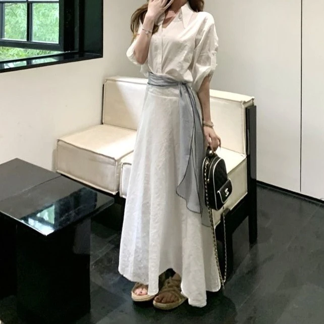 法式优雅时尚套装女夏季新款简约休闲风衬衣白色A字裙两件套