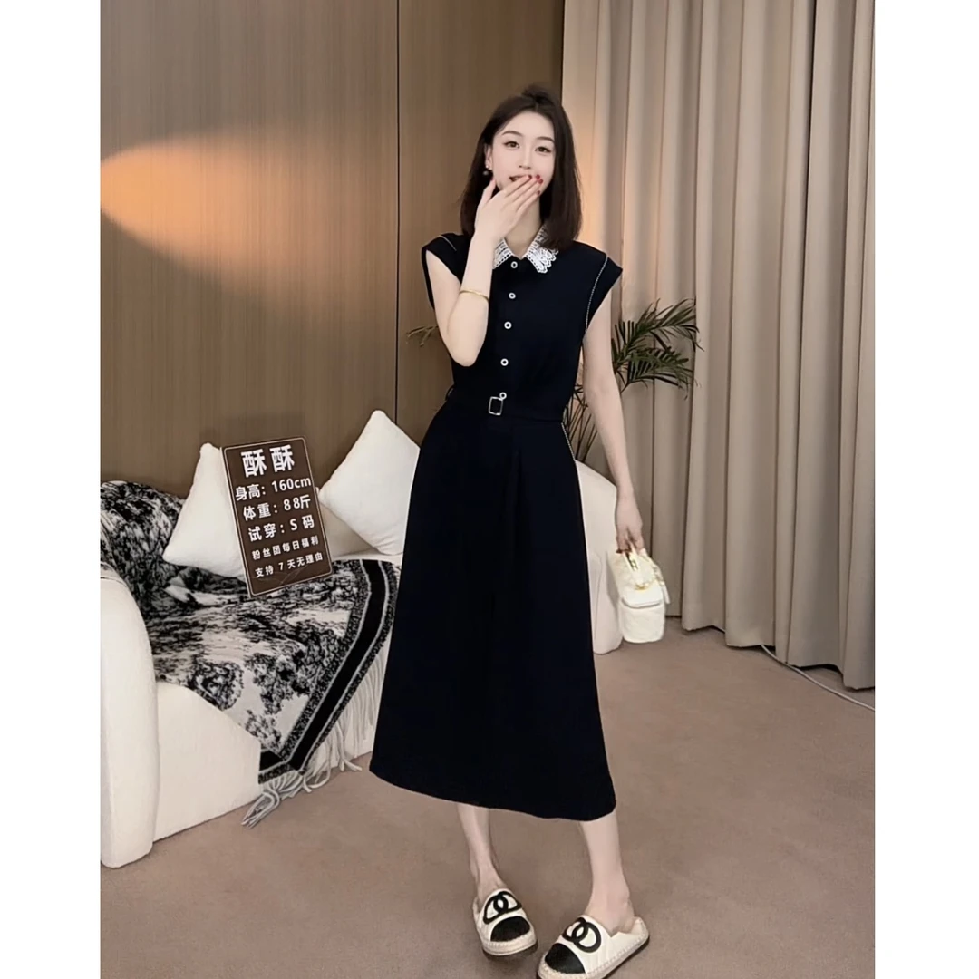 12款法冰丝麻高级感polo领短袖显瘦时尚赫本风连衣裙＋腰带两件套