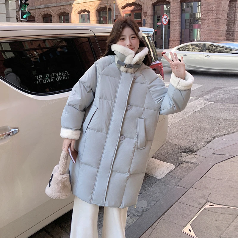 设计感羊羔毛翻领baby蓝羽绒服女2025冬季新款加厚保暖白鸭绒外套