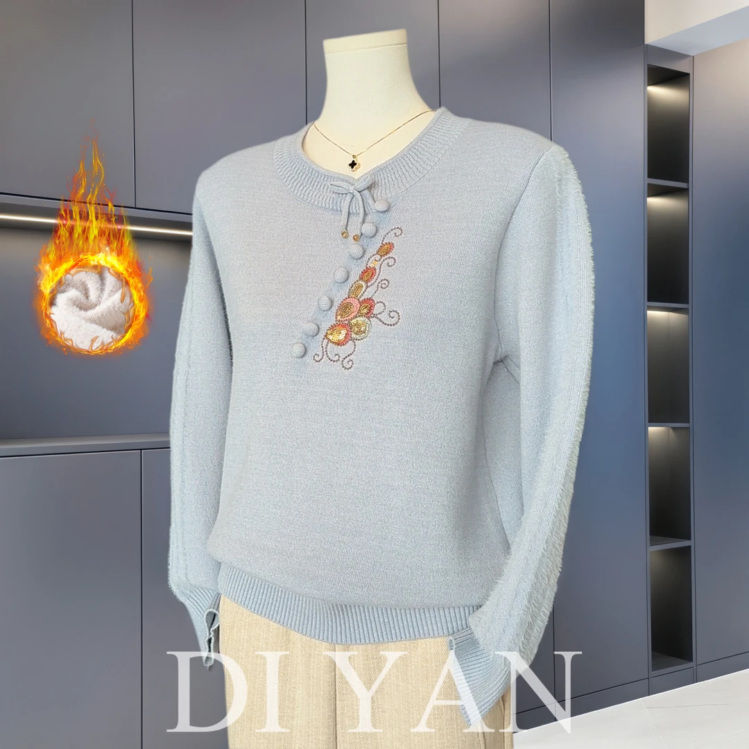 国风妈妈秋冬装加绒加厚毛衣打底衫中老年女装新中式一体绒上衣服