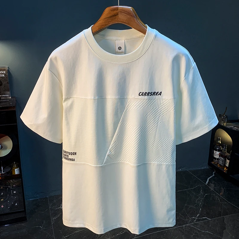 LEIGHZ/雷茨冰丝薄款短袖T恤男士夏季刺绣体恤衫设计感拼接上衣