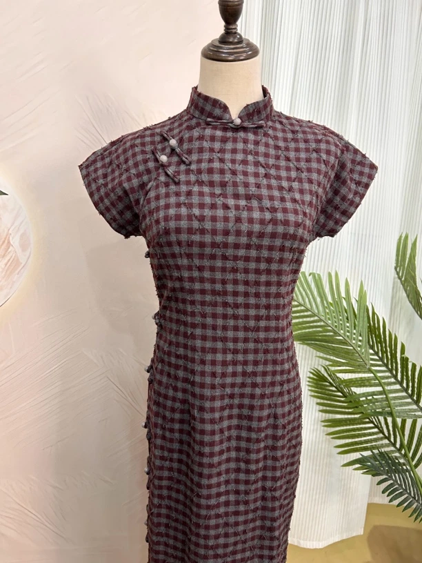 【晚棠】25款新春夏古法格纹气质旗袍裙M--4XL