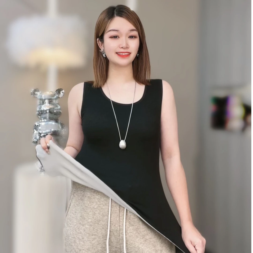 822#圆领百搭简约内穿黑色免穿文胸加绒保暖无袖背心自带胸垫