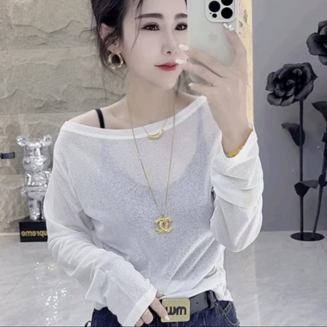 长袖休闲风防晒修身型一字领露肩T恤百搭显瘦欧若动感风