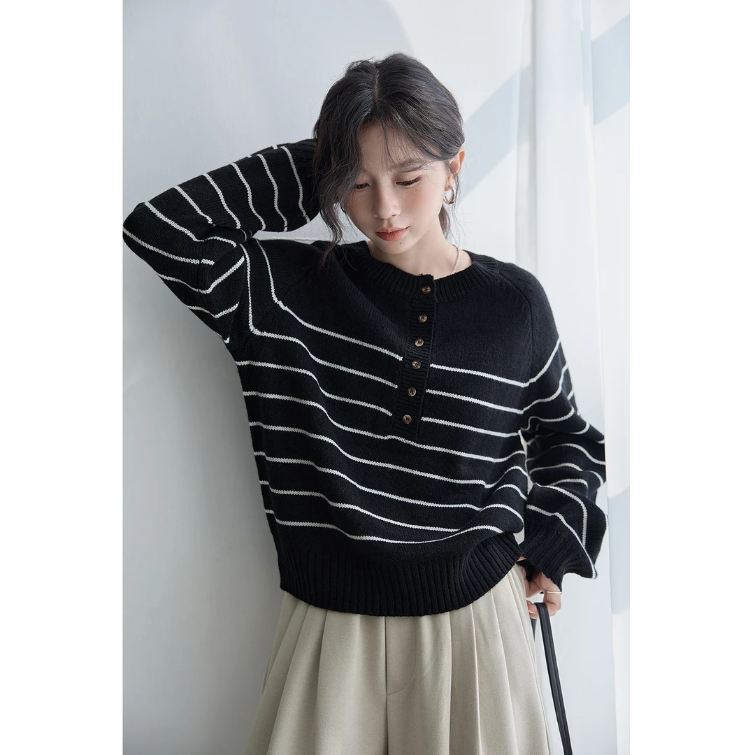 条纹针织毛衣女2025秋冬新款韩系气质宽松显瘦别致上衣Y39-Q