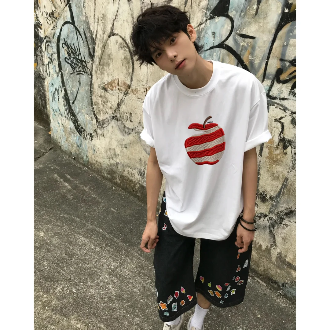 100%纯棉美式削皮苹果仿刺绣印花短袖T恤夏季男女休闲情侣款上衣