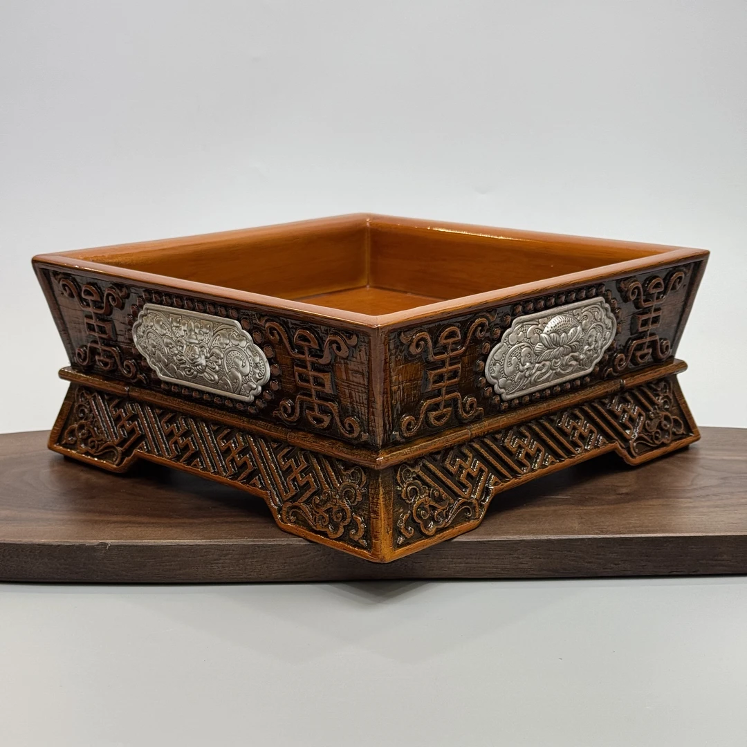 【新款实木吉祥八宝盘】方形加高款实木铝片果盘家用民族风木盘