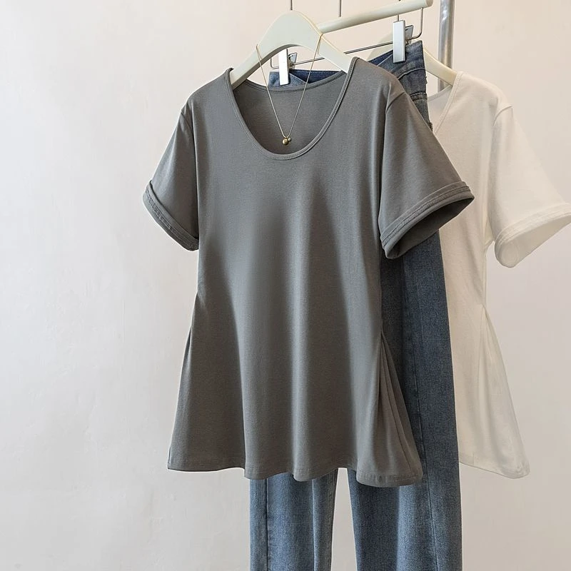 大码胖mm200斤气质圆领正肩短袖t恤女夏季小众设计感修身显瘦上衣