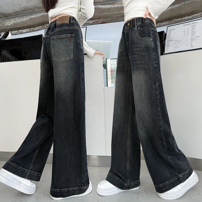 女童阔腿牛仔裤秋季新款中大童休闲时尚直筒显瘦宽松春秋儿童裤子