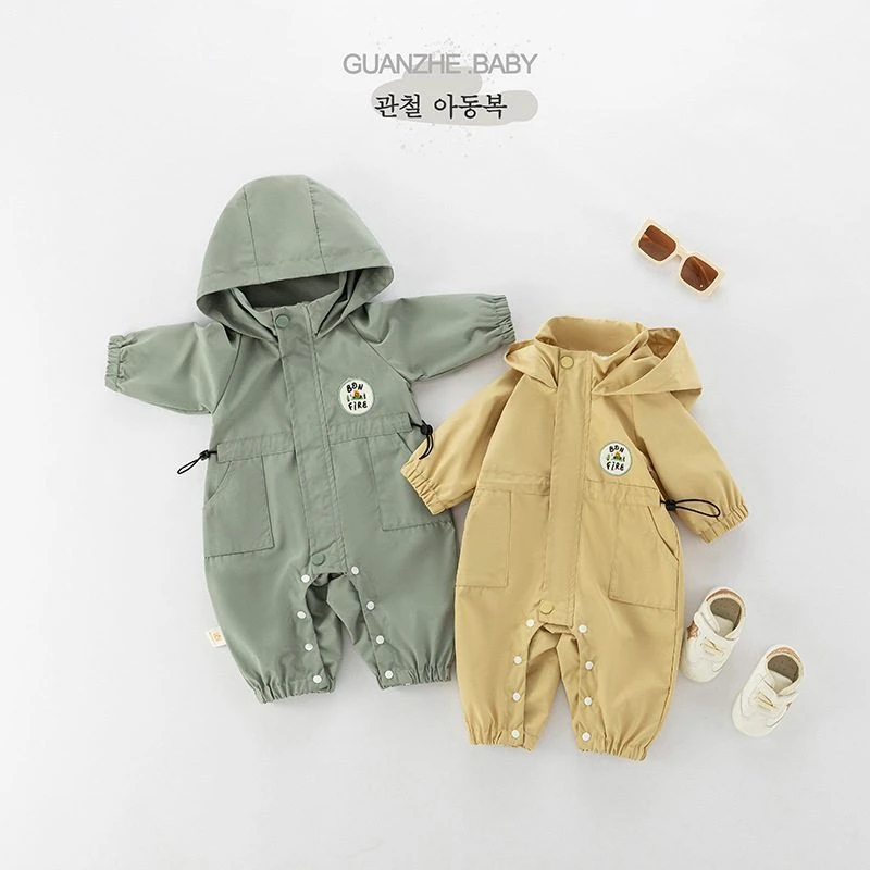 婴儿a类双层连体衣冲锋衣韩版秋装外出宝宝衣服工装爬爬服风收腰